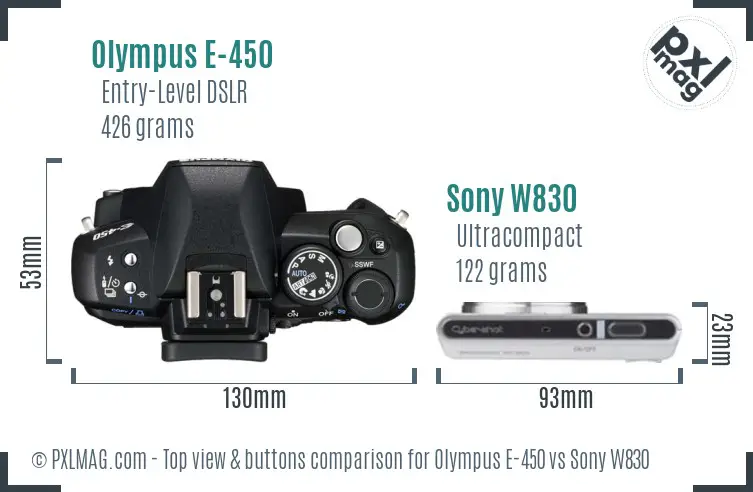 Olympus E-450 vs Sony W830 top view buttons comparison