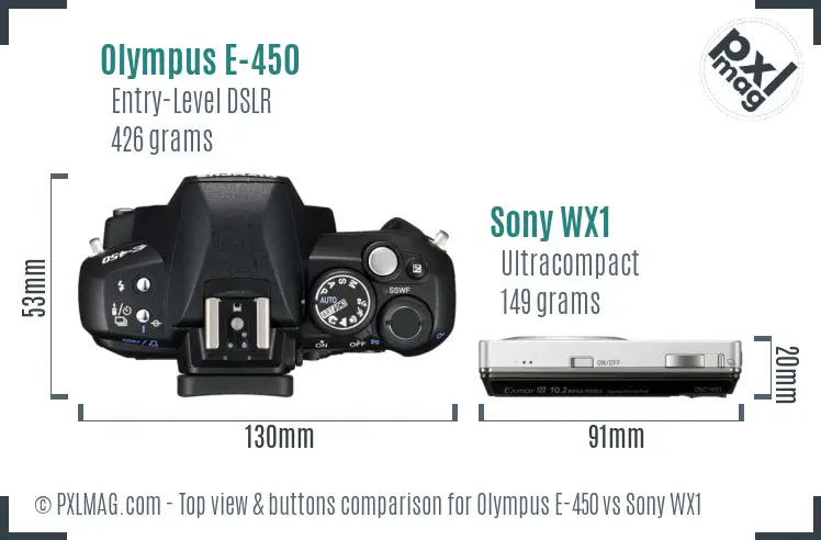 Olympus E-450 vs Sony WX1 top view buttons comparison
