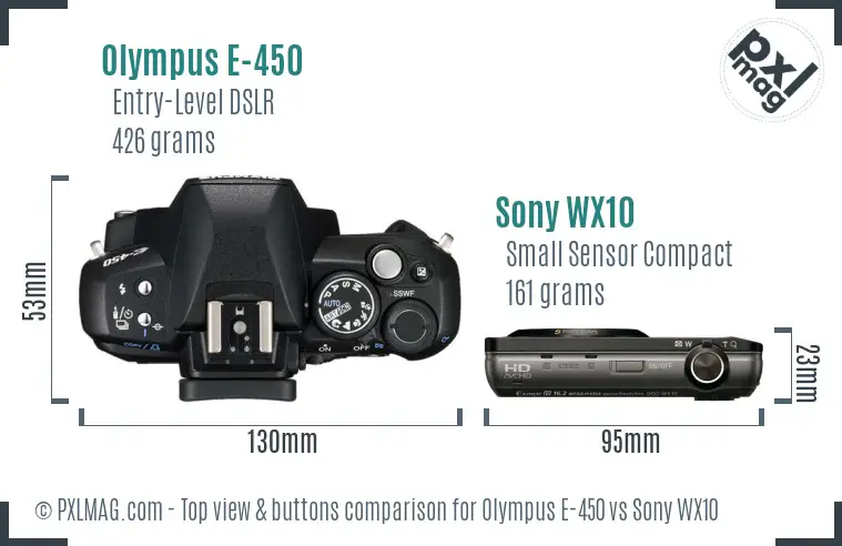 Olympus E-450 vs Sony WX10 top view buttons comparison
