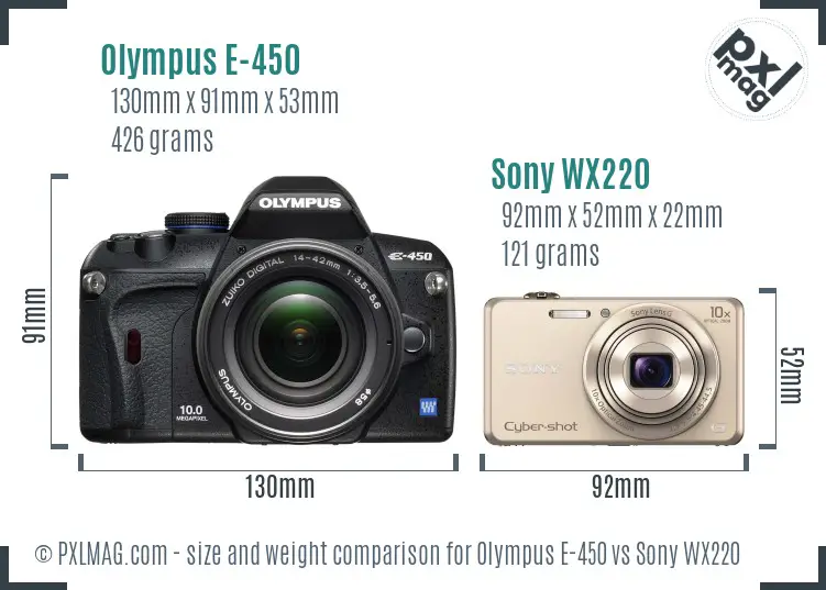 Olympus E-450 vs Sony WX220 size comparison