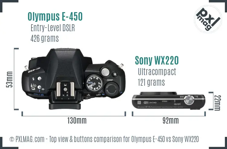 Olympus E-450 vs Sony WX220 top view buttons comparison