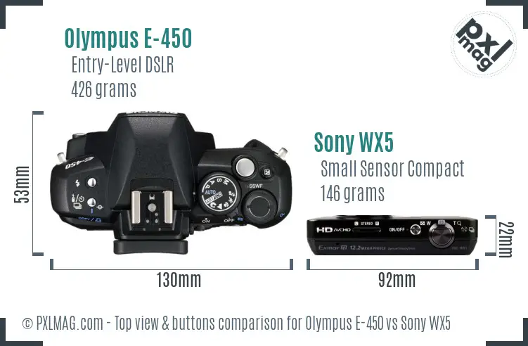 Olympus E-450 vs Sony WX5 top view buttons comparison