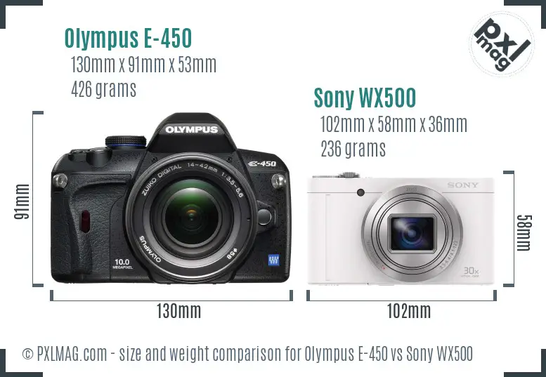 Olympus E-450 vs Sony WX500 size comparison