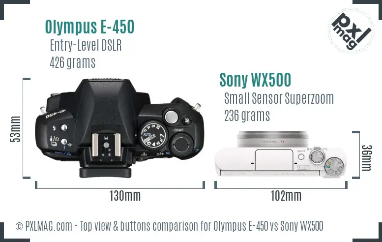 Olympus E-450 vs Sony WX500 top view buttons comparison