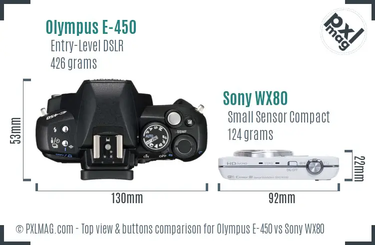 Olympus E-450 vs Sony WX80 top view buttons comparison Olympus E-450 vs Sony WX80 top view buttons comparison