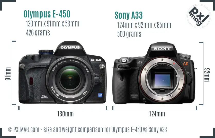Olympus E-450 vs Sony A33 size comparison