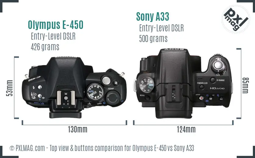 Olympus E-450 vs Sony A33 top view buttons comparison