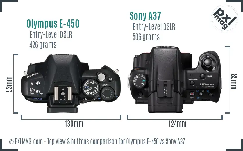 Olympus E-450 vs Sony A37 top view buttons comparison