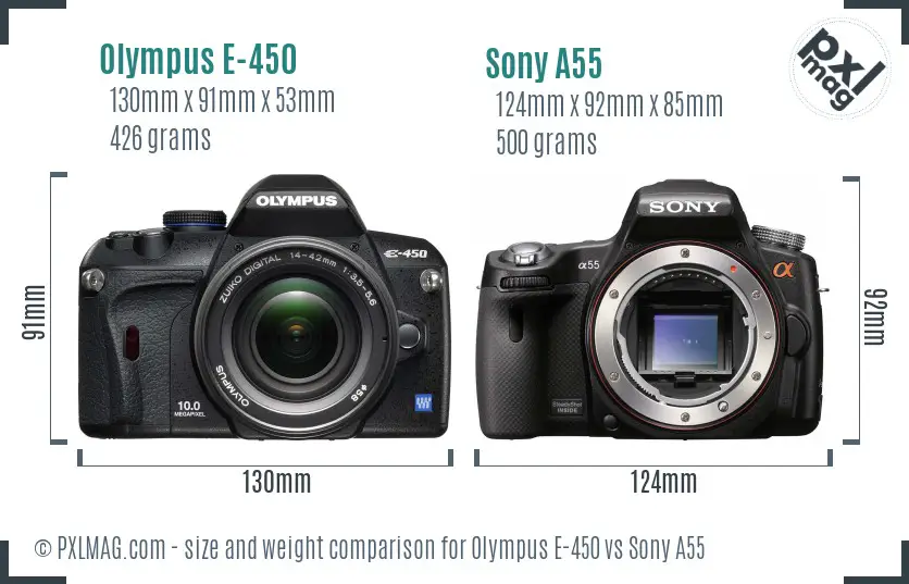 Olympus E-450 vs Sony A55 size comparison