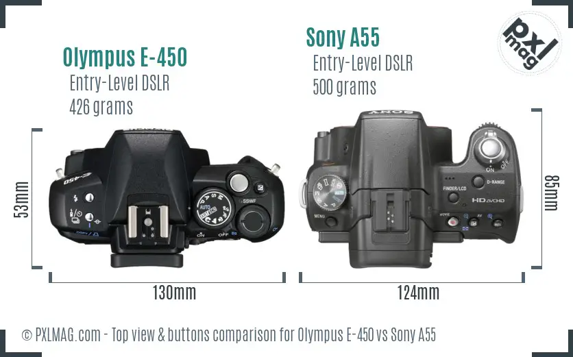 Olympus E-450 vs Sony A55 top view buttons comparison