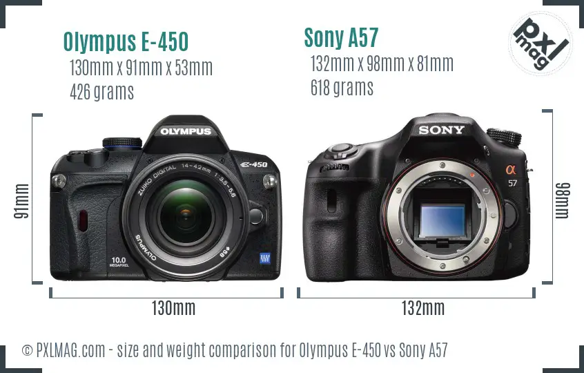 Olympus E-450 vs Sony A57 size comparison