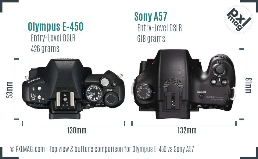Olympus E-450 vs Sony A57 top view buttons comparison