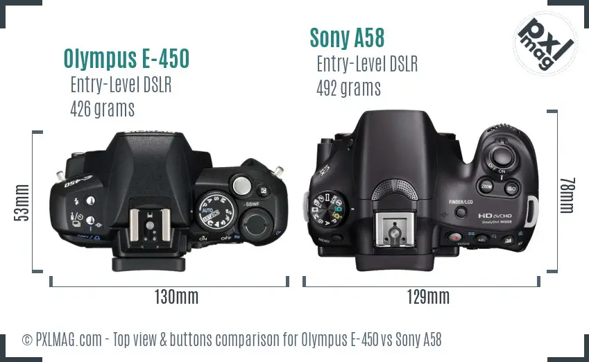 Olympus E-450 vs Sony A58 top view buttons comparison
