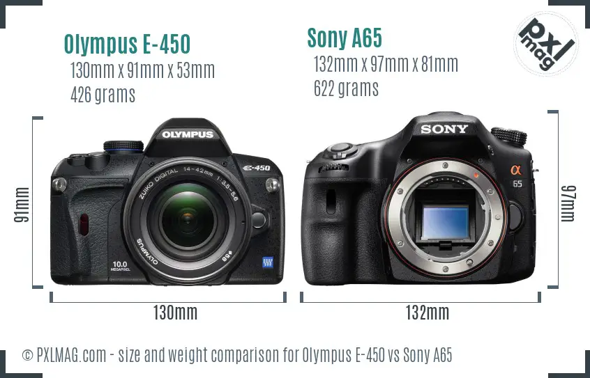 Olympus E-450 vs Sony A65 size comparison