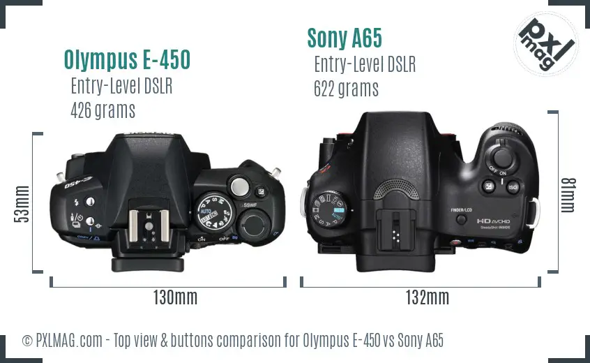 Olympus E-450 vs Sony A65 top view buttons comparison