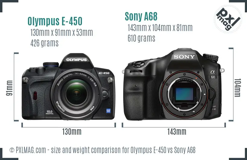 Olympus E-450 vs Sony A68 size comparison