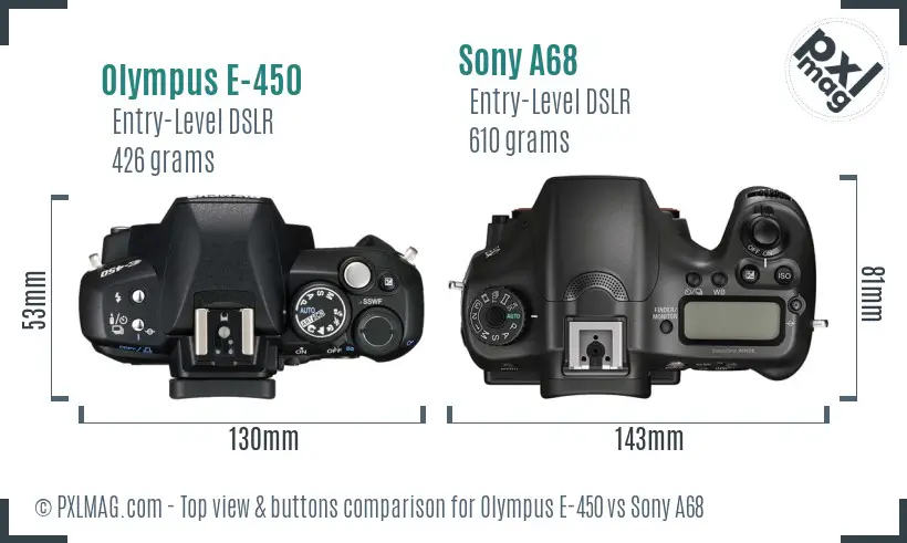 Olympus E-450 vs Sony A68 top view buttons comparison