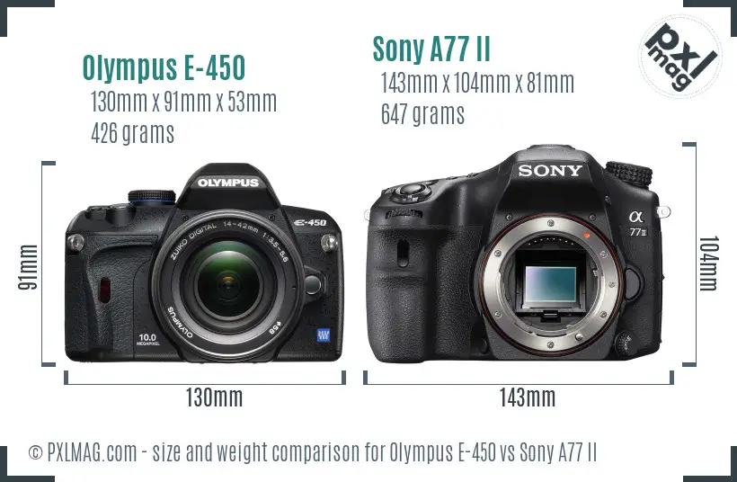 Olympus E-450 vs Sony A77 II size comparison