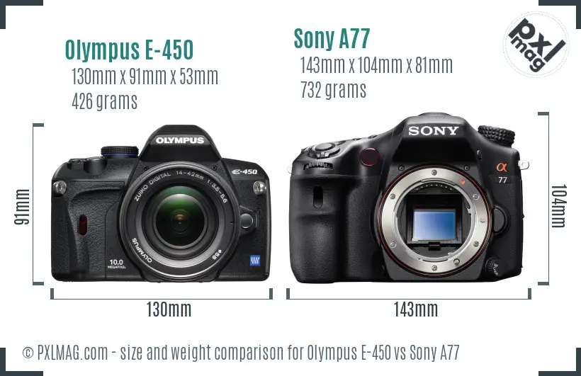 Olympus E-450 vs Sony A77 size comparison