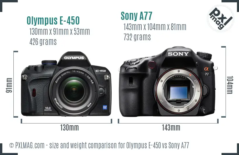 Olympus E-450 vs Sony A77 size comparison Olympus E-450 vs Sony A77 size comparison