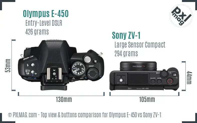 Olympus E-450 vs Sony ZV-1 top view buttons comparison Olympus E-450 vs Sony ZV-1 top view buttons comparison