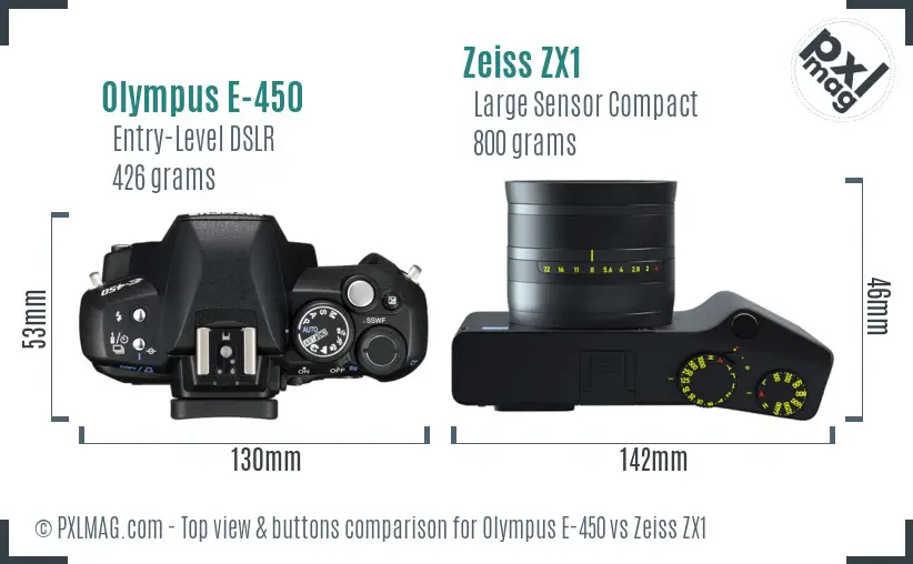 Olympus E-450 vs Zeiss ZX1 top view buttons comparison Olympus E-450 vs Zeiss ZX1 top view buttons comparison