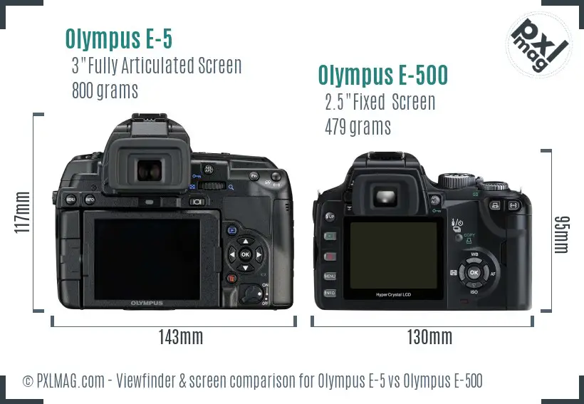Olympus E-5 vs Olympus E-500 Screen and Viewfinder comparison