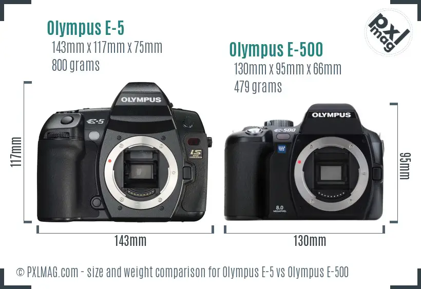 Olympus E-5 vs Olympus E-500 size comparison