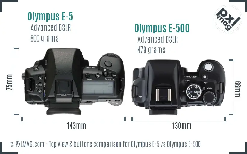 Olympus E-5 vs Olympus E-500 top view buttons comparison