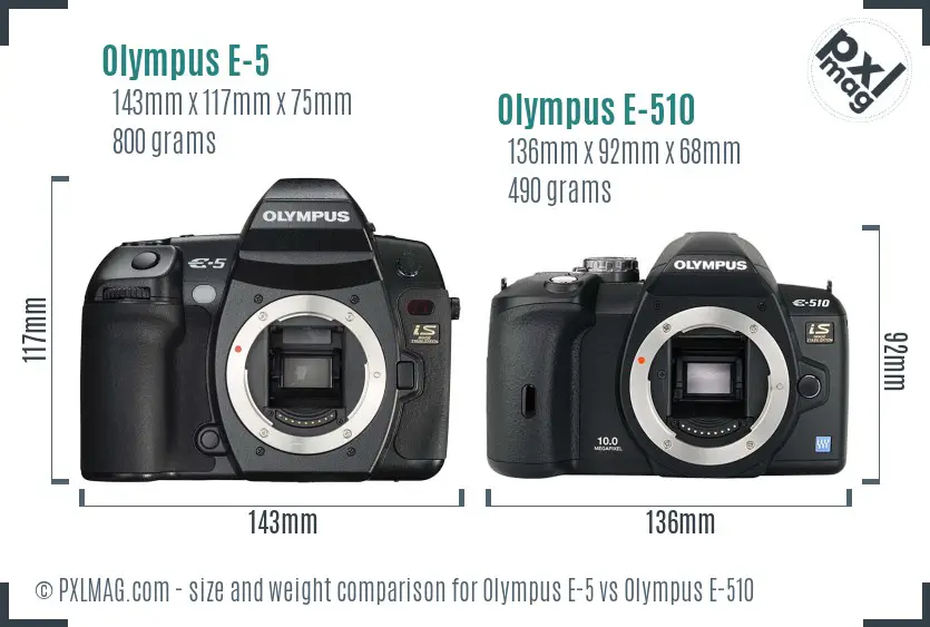 Olympus E-5 vs Olympus E-510 size comparison
