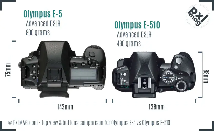 Olympus E-5 vs Olympus E-510 top view buttons comparison