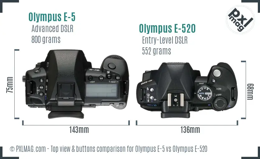 Olympus E-5 vs Olympus E-520 top view buttons comparison