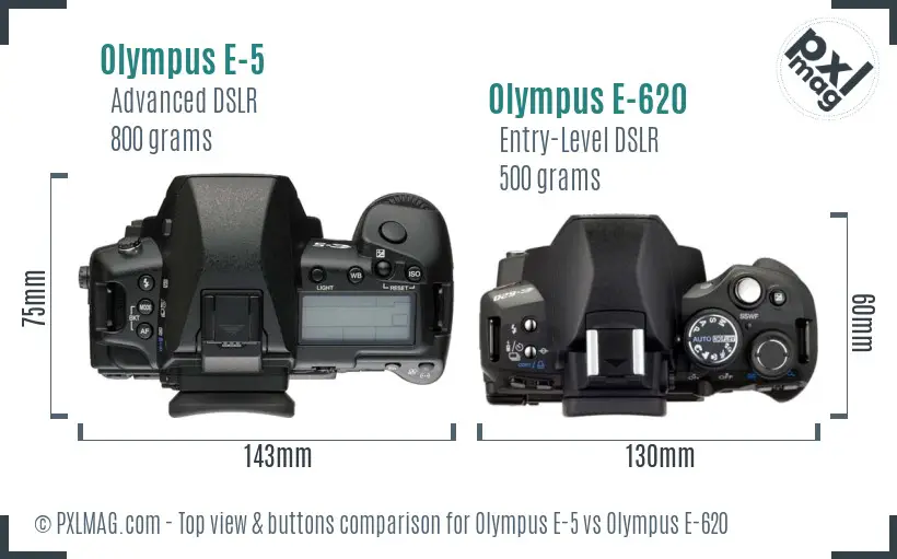 Olympus E-5 vs Olympus E-620 top view buttons comparison