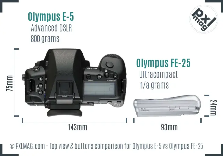 Olympus E-5 vs Olympus FE-25 top view buttons comparison