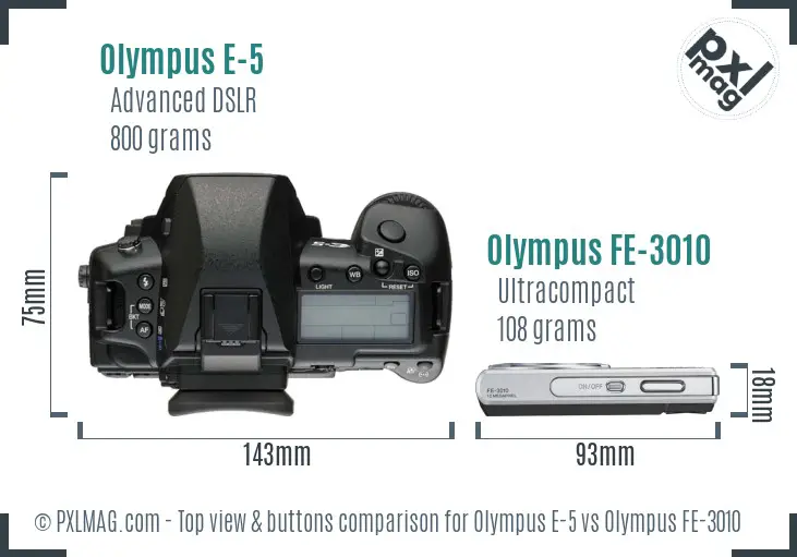 Olympus E-5 vs Olympus FE-3010 top view buttons comparison