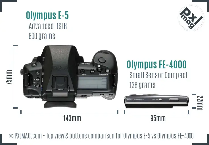 Olympus E-5 vs Olympus FE-4000 top view buttons comparison