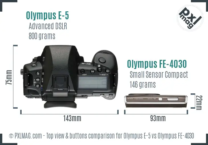 Olympus E-5 vs Olympus FE-4030 top view buttons comparison