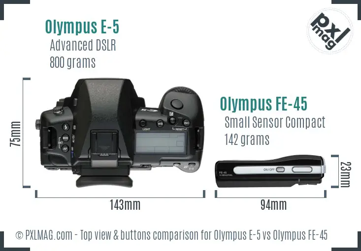 Olympus E-5 vs Olympus FE-45 top view buttons comparison