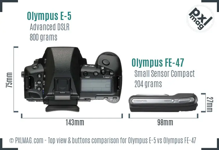 Olympus E-5 vs Olympus FE-47 top view buttons comparison
