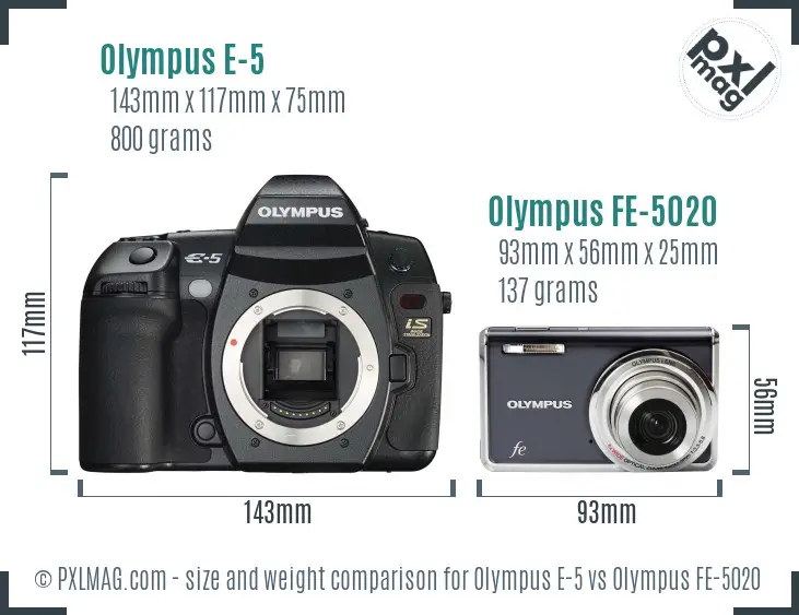 Olympus E-5 vs Olympus FE-5020 size comparison