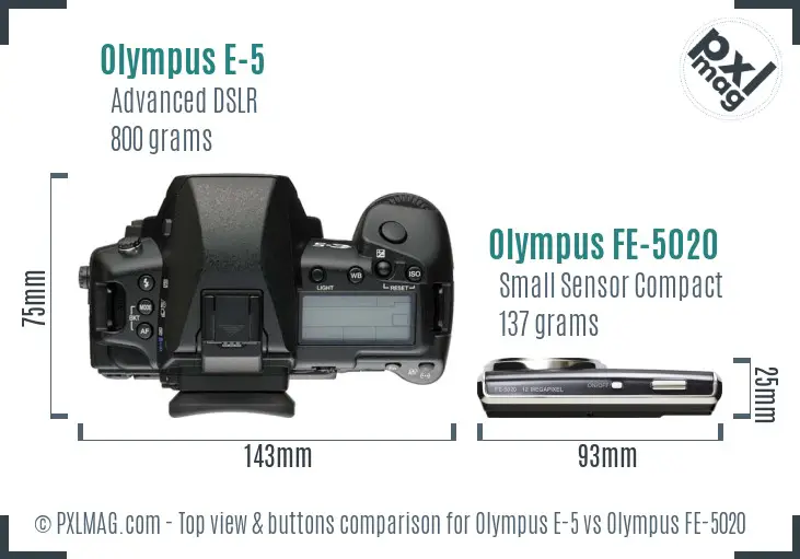 Olympus E-5 vs Olympus FE-5020 top view buttons comparison