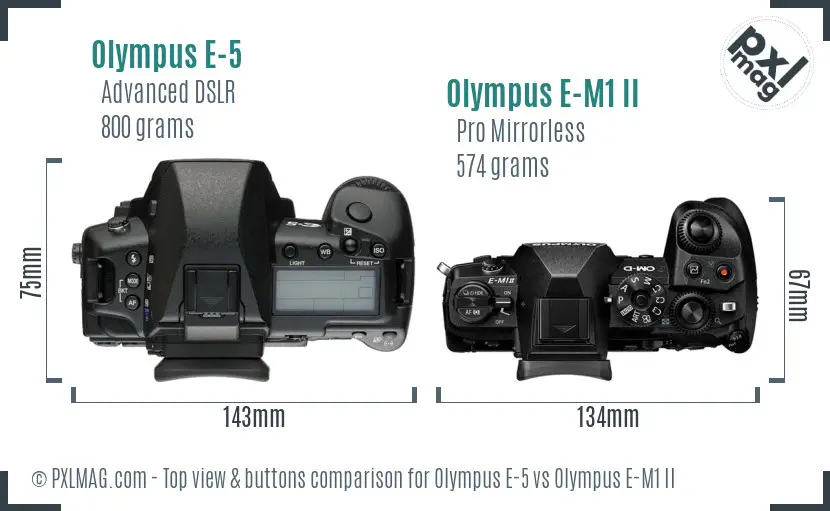 Olympus E-5 vs Olympus E-M1 II top view buttons comparison
