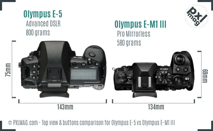 Olympus E-5 vs Olympus E-M1 III top view buttons comparison