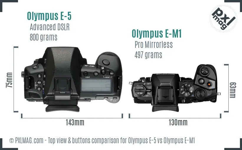 Olympus E-5 vs Olympus E-M1 top view buttons comparison