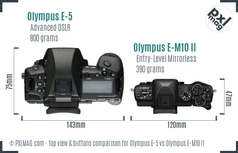 Olympus E-5 vs Olympus E-M10 II top view buttons comparison