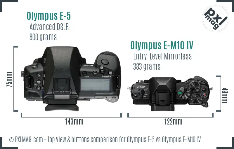 Olympus E-5 vs Olympus E-M10 IV top view buttons comparison