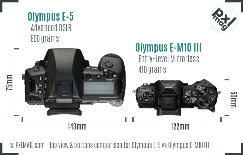 Olympus E-5 vs Olympus E-M10 III top view buttons comparison