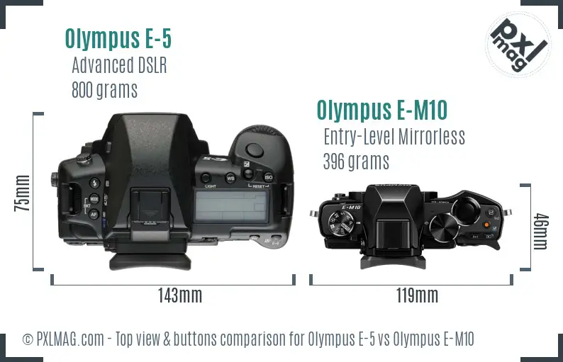 Olympus E-5 vs Olympus E-M10 top view buttons comparison