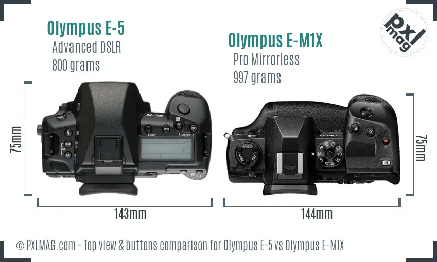 Olympus E-5 vs Olympus E-M1X top view buttons comparison