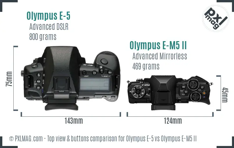 Olympus E-5 vs Olympus E-M5 II top view buttons comparison